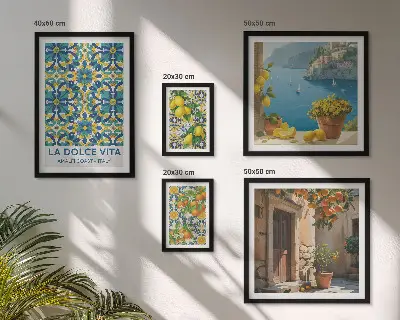 Set de 5 cuadros para salón con diseño de flores de cítricos de la Costa Amalfitana