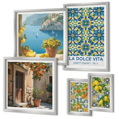 Set de 5 cuadros para salón con diseño de flores de cítricos de la Costa Amalfitana