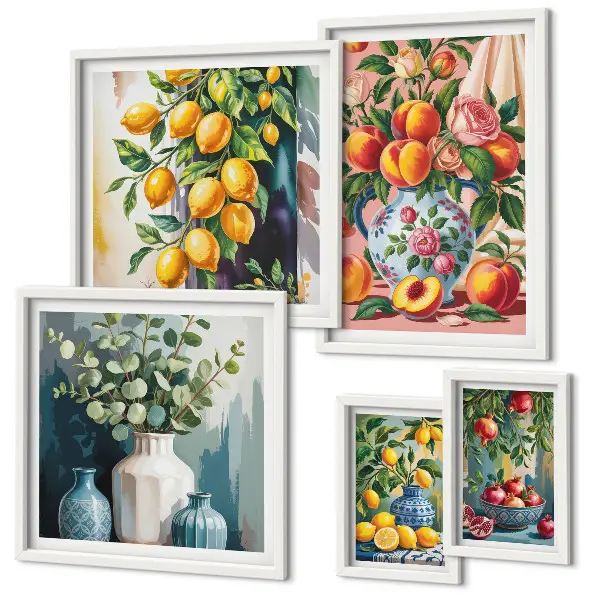 Set de 5 cuadros para salón con composiciones florales y frutales