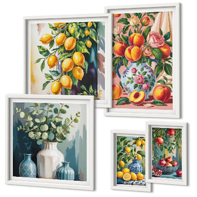 Set de 5 cuadros para salón composiciones florales y frutales