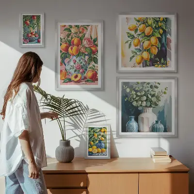 Set de 5 cuadros para salón con composiciones florales y frutales