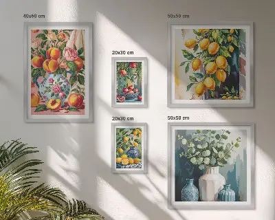Set de 5 cuadros para salón con composiciones florales y frutales