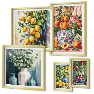 Set de 5 cuadros para salón con composiciones florales y frutales