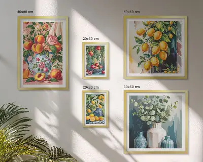 Set de 5 cuadros para salón con composiciones florales y frutales