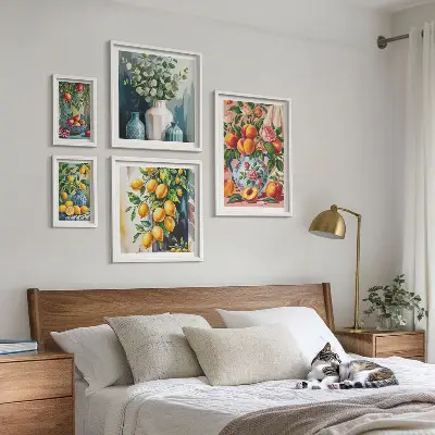 Set de 5 cuadros para salón con composiciones florales y frutales