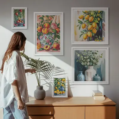Set de 5 cuadros para salón con composiciones florales y frutales