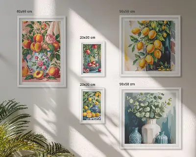 Set de 5 cuadros para salón con composiciones florales y frutales