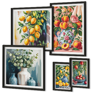 Set de 5 cuadros para salón composiciones florales y frutales