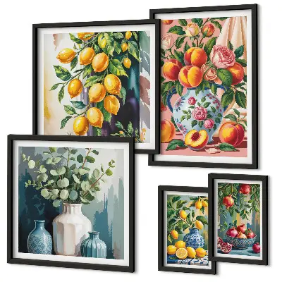 Set de 5 cuadros para salón con composiciones florales y frutales