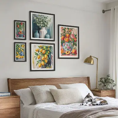 Set de 5 cuadros para salón con composiciones florales y frutales