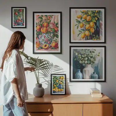 Set de 5 cuadros para salón con composiciones florales y frutales