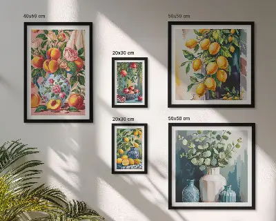 Set de 5 cuadros para salón con composiciones florales y frutales