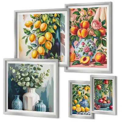 Set de 5 cuadros para salón con composiciones florales y frutales
