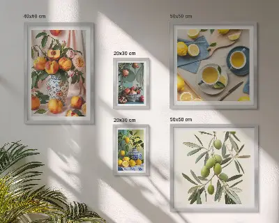 Pared galería de arte decoración rústica con motivos de frutas y flores
