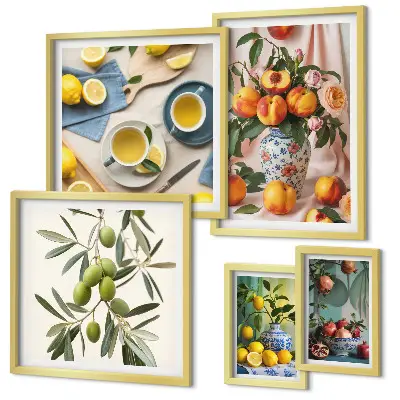 Pared galería de arte decoración rústica con motivos de frutas y flores