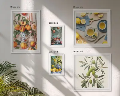 Pared galería de arte decoración rústica con motivos de frutas y flores