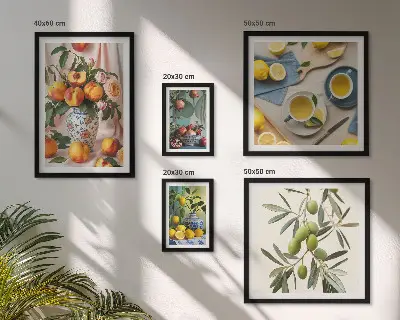 Pared galería de arte decoración rústica con motivos de frutas y flores