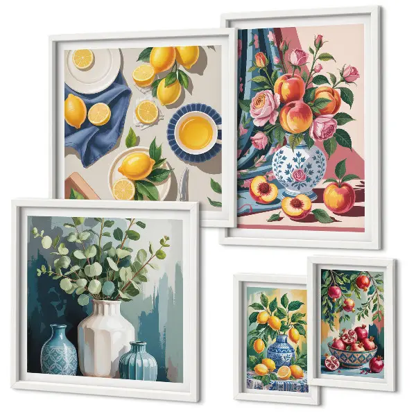 Conjunto de cuadros decorativos con composiciones florales y frutales