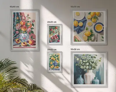 Conjunto de cuadros decorativos con composiciones florales y frutales
