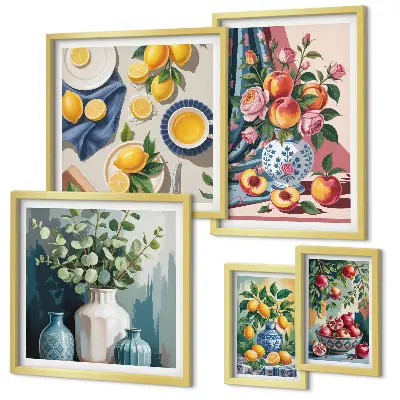 Conjunto de cuadros decorativos con composiciones florales y frutales