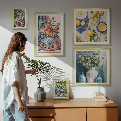 Conjunto de cuadros decorativos con composiciones florales y frutales