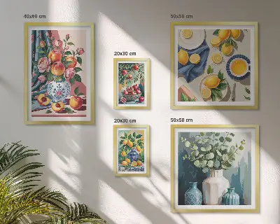 Conjunto de cuadros decorativos con composiciones florales y frutales