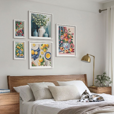 Conjunto de cuadros decorativos composiciones florales y frutales