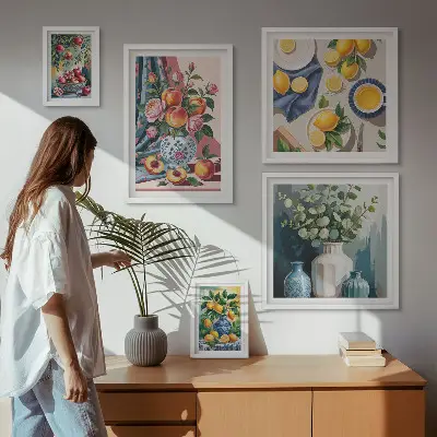 Conjunto de cuadros decorativos con composiciones florales y frutales
