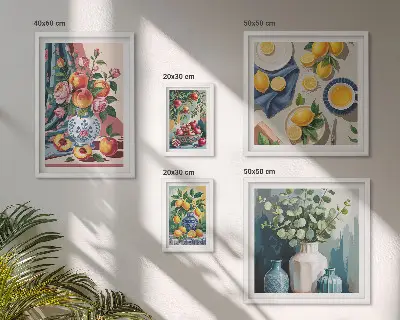 Conjunto de cuadros decorativos con composiciones florales y frutales