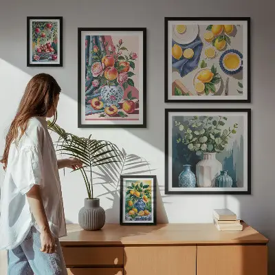 Conjunto de cuadros decorativos con composiciones florales y frutales