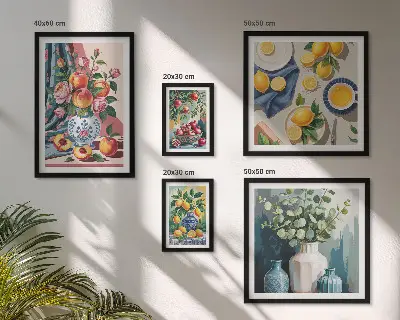 Conjunto de cuadros decorativos con composiciones florales y frutales