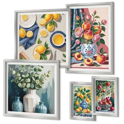 Conjunto de cuadros decorativos con composiciones florales y frutales