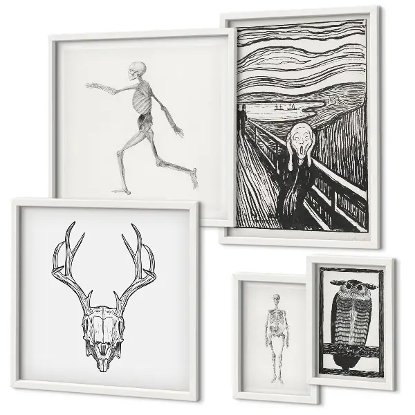Pared galería de arte con diseño de naturaleza y hombre en estilo surrealista