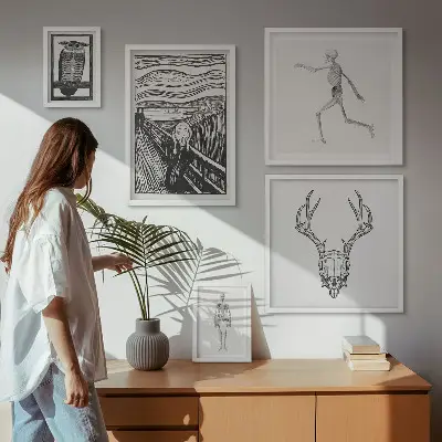 Pared galería de arte con diseño de naturaleza y hombre en estilo surrealista