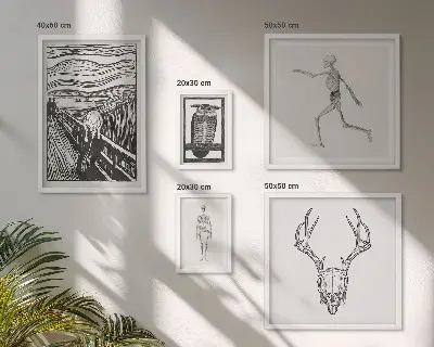 Pared galería de arte con diseño de naturaleza y hombre en estilo surrealista