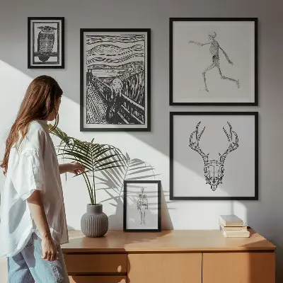 Pared galería de arte con diseño de naturaleza y hombre en estilo surrealista