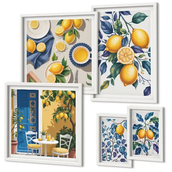 Set de 5 cuadros decorativos para salón con diseño de cocina provenzal y cítricos