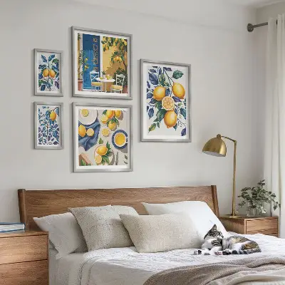 Set de 5 cuadros decorativos para salón con diseño de cocina provenzal y cítricos