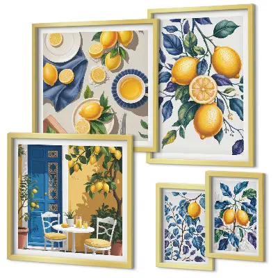 Set de 5 cuadros decorativos para salón con diseño de cocina provenzal y cítricos