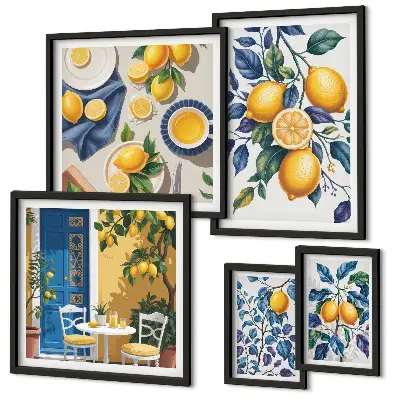 Set de 5 cuadros decorativos para salón con diseño de cocina provenzal y cítricos