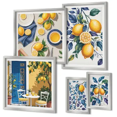 Set de 5 cuadros decorativos para salón con diseño de cocina provenzal y cítricos