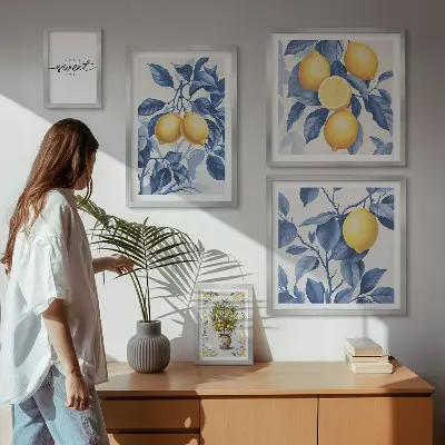 Pared galería de arte con diseño de toques rústicos de limón