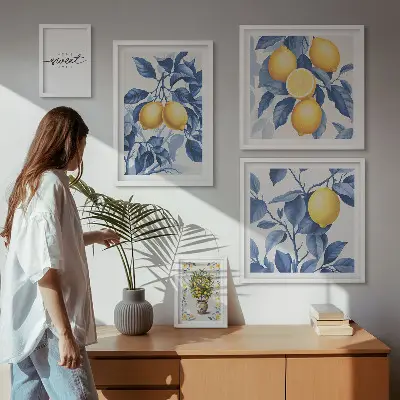 Pared galería de arte con diseño de toques rústicos de limón