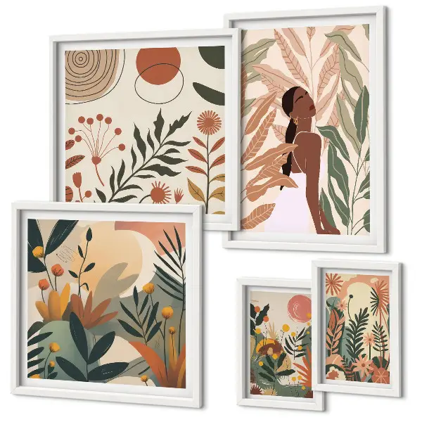 Set de 5 cuadros para salón con diseño de estilo bohemio de planta