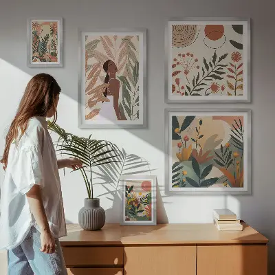 Set de 5 cuadros para salón con diseño de estilo bohemio de planta