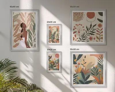 Set de 5 cuadros para salón con diseño de estilo bohemio de planta