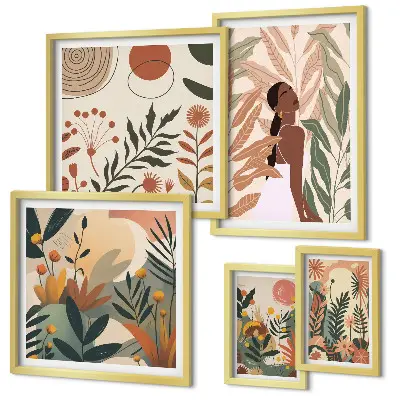 Set de 5 cuadros para salón con diseño de estilo bohemio de planta