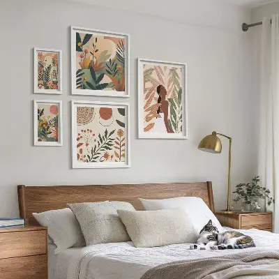 Set de 5 cuadros para salón con diseño de estilo bohemio de planta