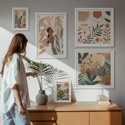 Set de 5 cuadros para salón con diseño de estilo bohemio de planta