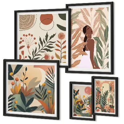 Set de 5 cuadros para salón con diseño de estilo bohemio de planta